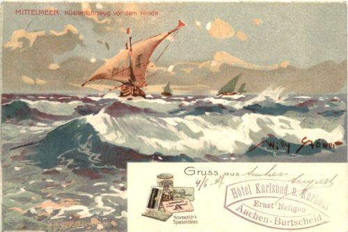 Mittelmehr - Küstenfahrzeug - Künstler Willy Stöwer - Litho