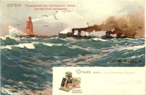 Ostsee Torpedoboote Swinemünde - Künstler Willy Stöwer - Litho