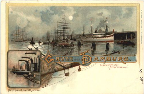 Gruss aus Hamburg - Segelschiffhafen - Litho