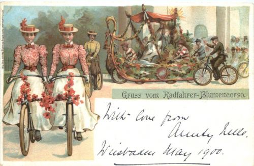 Fahrrad - Gruss vom Radfahrer Blumencorso - Litho