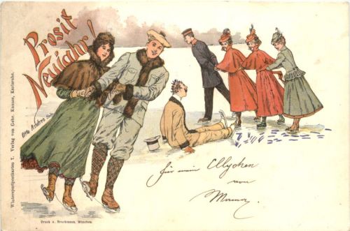 Eislaufen - Neujahr - Litho