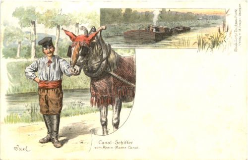 Canal Schiffer am Rhein Marne Canal - Künstler Ak Issel - Litho