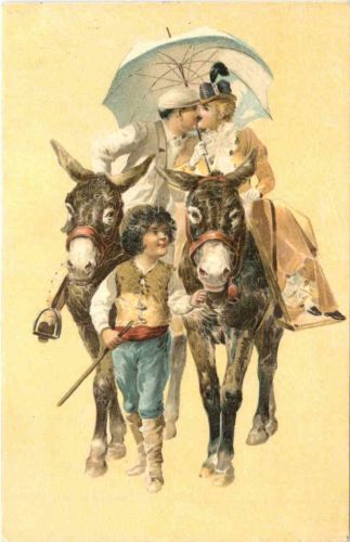 Frau auf Esel - Litho