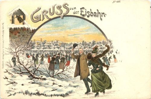 Gruss von der Eisbahn - Litho Eislaufen