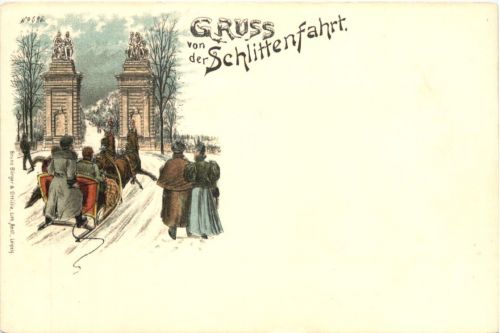 Gruss von der Schlittenfahrt - Litho