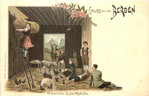 Souvenir des Alpes - Litho - Erwachen in der Alphütte
