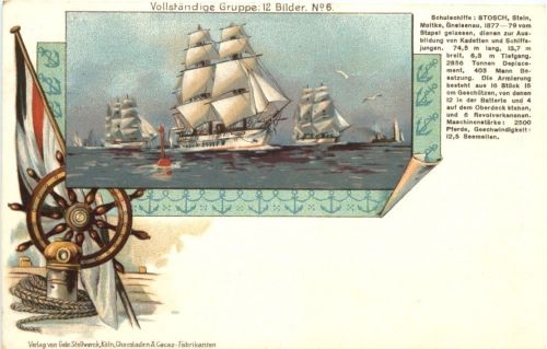 Unsere Marine - Schulschiffe Stoch Stein Moltke Gneisenau - Litho