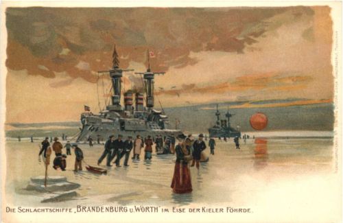 Schlachtschiffe Brandenburg und Wörth Kieler Förde - Litho - Künstler C. Schön
