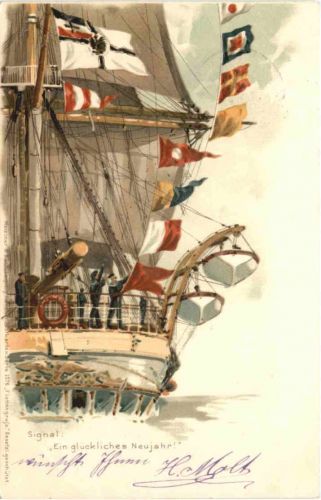Segelschiff - Ein glückliches Neujahr - Litho