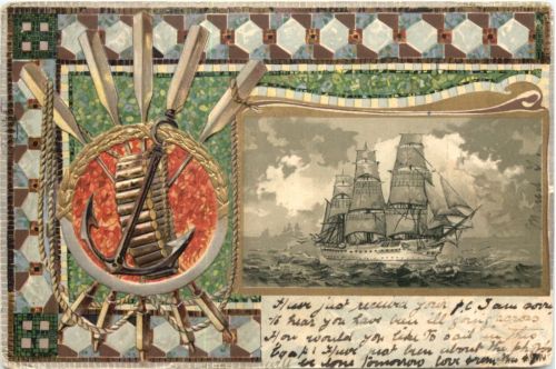 Segelschiff - Litho Prägekarte
