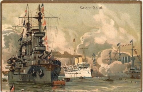 Kaiser Salut - Kreigsschiff - Litho