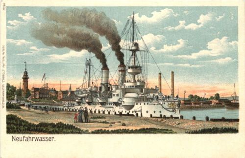 Danzig - Neufahrwasser - Kriegsschiff - Litho