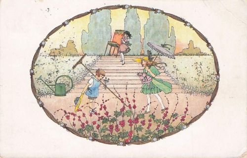 Künstler-AK Mela Köhler: Guten Tag, Herr Gärtnersmann, Mädchen spielen im Garten