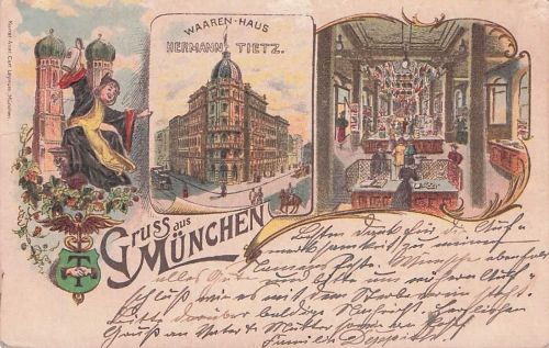 Lithographie München, Warenhaus Hermann Tietz, Innenansicht, Münchner Kindl