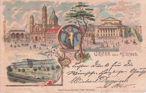 Lithographie München, Glaspalast, Theatinerkirche mit Feldherrnhalle, Nationaltheater, Münchner Kindl