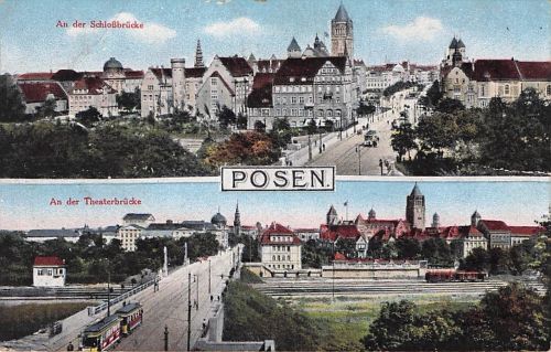 Posen, Ortsansicht und Strassenbahn auf der Theaterbrücke
