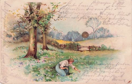 Litho Landschaft, Frau auf einer Wiese, Sonnenschein Postkarte