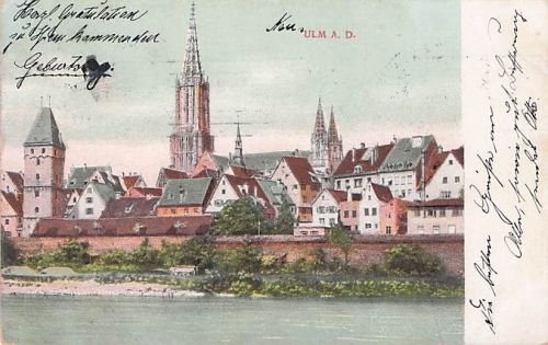 AK Ulm a. D., Blick vom Wasser auf die Kirche