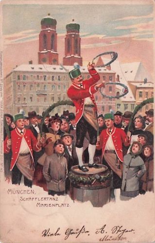 Künstler-Lithographie Paul Hey: München, Schäfflertanz am Marienplatz