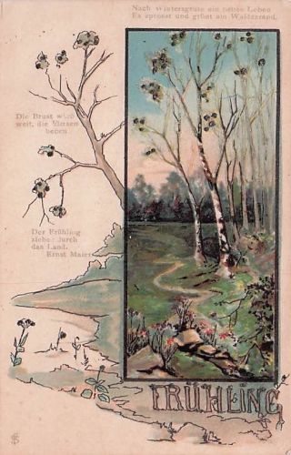 1902 Lithographie Frühling - Birkenhain - Jugendstil Jahreszeit