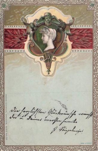 Künstler-AK Kopf einer Frau mit Kopfschmuck, Jugendstil