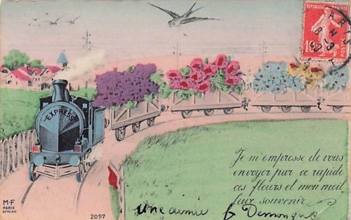 alte französische Ansichtskarte, die einen "Blumenzug" zeigt, der Blumen transportiert.