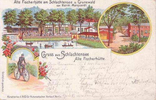Lithographie Berlin-Schlachtensee, Gasthaus Alte Fischerhütte von Herm. Marquardt