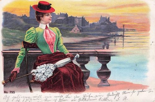 JUGENDSTIL DAME auf STUHL, AUSGEFALLENER HUT LITHOGRAPHIE 1902
