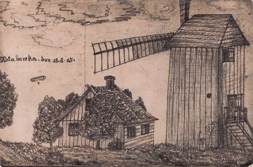 WINDMÜHLE HANDGEMALT BLEISTIFT JAHR 1915