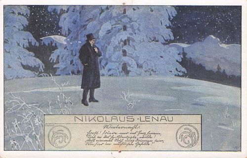 Künstler-AK Ernst Kutzer: Gedicht von Nikolaus Lenau, Mann in einer verschneiten Landschaft