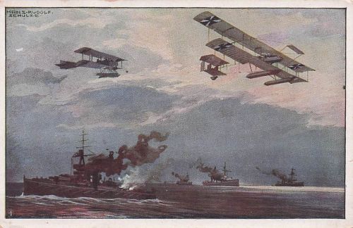 Künstler-AK Hans Rudolf Schulze: Dt. Wasserflugzeuge über engl. Flotte