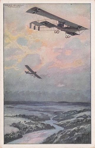 Militärdoppeldecker auf Erkundungsfahrt über den Argonenwald. Deutscher