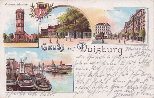 Lithographie Duisburg, Hafen, Wasserturm auf dem Kaiserberg, Mülheimerstrasse