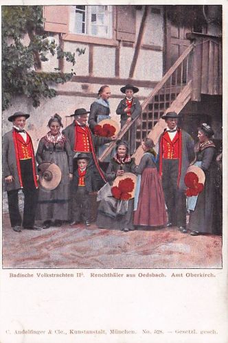 Badische Volkstrachten, Renchthäler aus Oedsbach, Amt Oberkirch, vor Haus