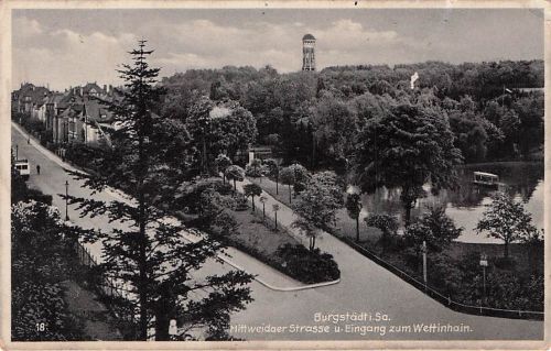 Burgstädt in Sachsen, Mittweidaer Straße und Eingang zum Wettinhain