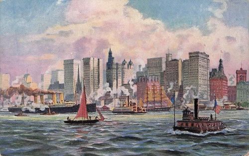 NY Postkarte NYC New York City Skyline Hafenboote Schiffe Piers Gebäude