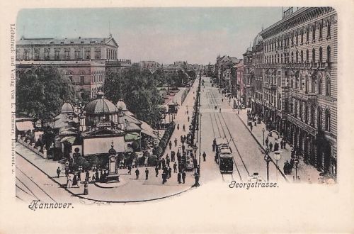AK Hannover, Strassenbahn und Passanten in der Georgstrasse