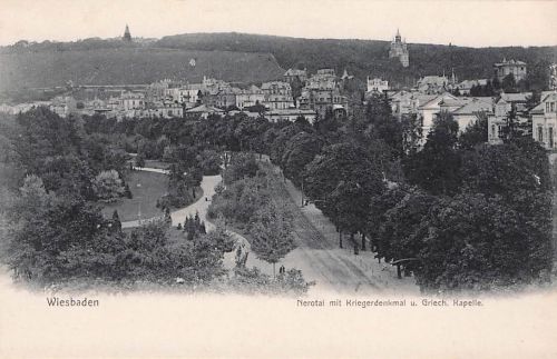 AK Wiesbaden, Neue Nerothalanlagen mit Kriegerdenkmal und Griech