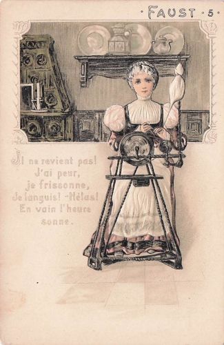 Präge Ak Faust 5, Gretchen am Spinnrad