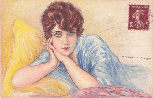 Hübsche Dame Künstler signiert Corbella Italien blaue Augen Mint