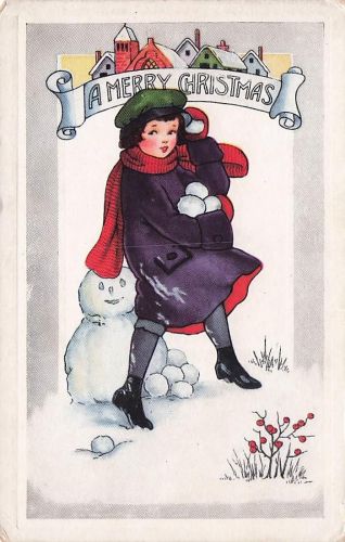 1921 Merry Christmas Postcard Cute Girl Holding Snowballs Next To