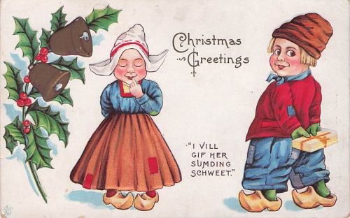 1915 Postcard 'Christmas Greetings' 'I Vill Gif Her Sumding Schweet' Used