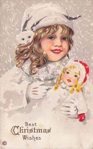 Christmas Children Snow Doll Embossed Vintage Postcard