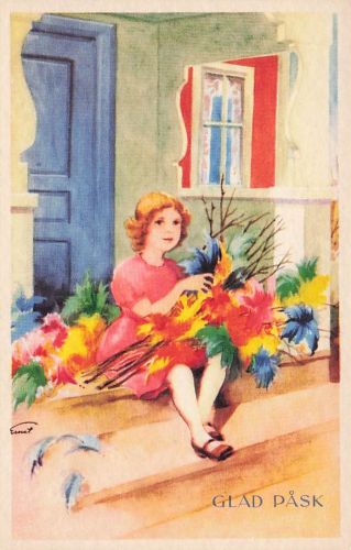 Holiday~Swedish Artist~Happy Easter~Young Girl With Flower Bouquet