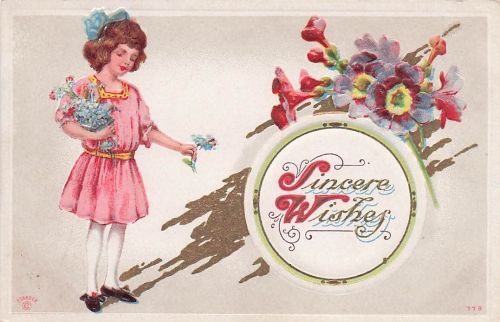 POSTCARD Sincere Wishes Girl in Pink Dress Flowers Purple Red Posted