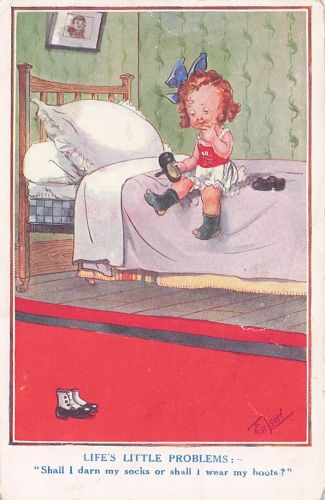 Vintage Comic Postcard by T Gilson: Life's Little Problem - Socks or Boots