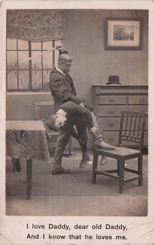 Man with Boy Over Knee, Arm Raised Holding Stick
