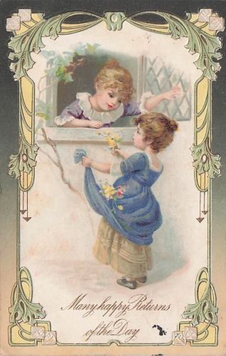 Little Girls Talk Through Window "True Love" Friendship c1910 Vintage