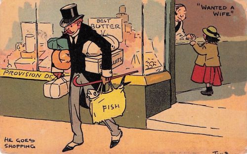 Vintage Tom Browne Comic Postkarte 1908 Shop Front WANTED A WIFE
