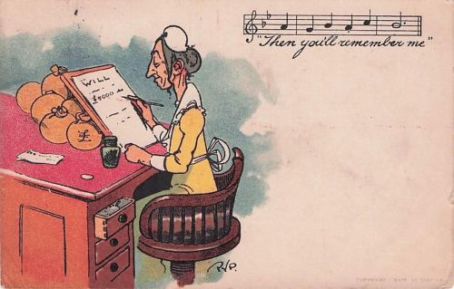 Old Lady Writing Will With Song Music Remember Me Antique Comic Humour